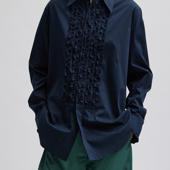 Tibi Easy Tuxedo Shirt Navy Blue Italian Cotton Nylon Poplin Ruffle Size XL - Picture 3 of 14